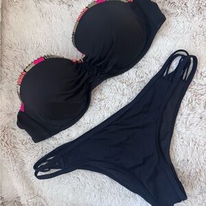 Victoria’s Secret Black Bikini Set with Pink, Coral and Gold Accents